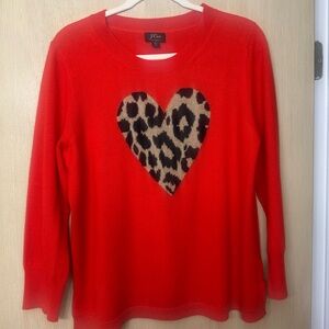 J.Crew 100% Cashmere Red Sweater with Leopard Heart – XL